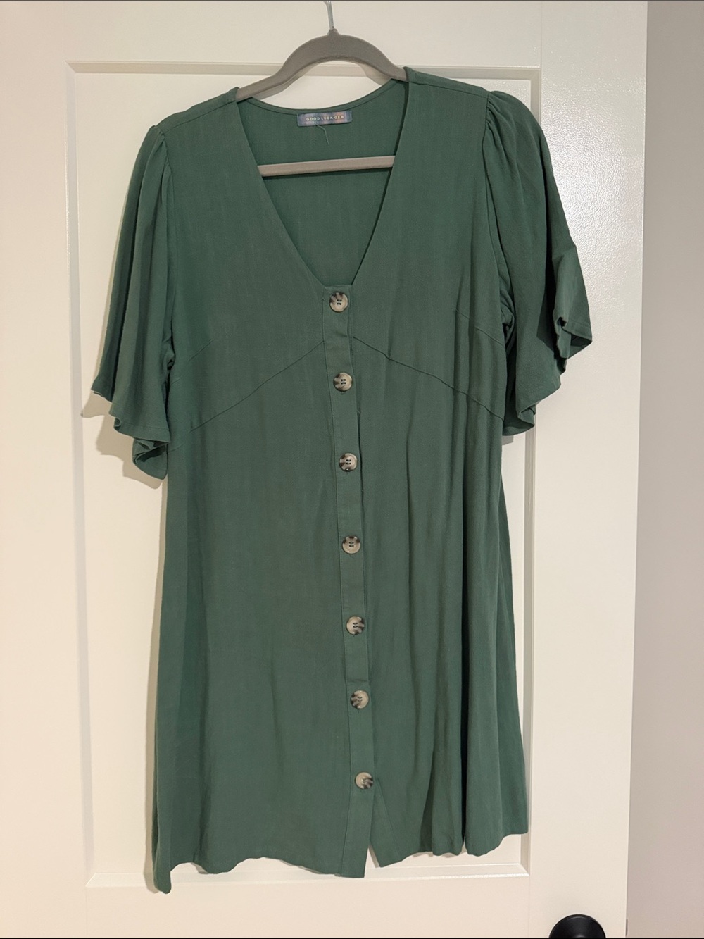 Good Luck Gem Deep Green Button-Down V-Neck Dress
